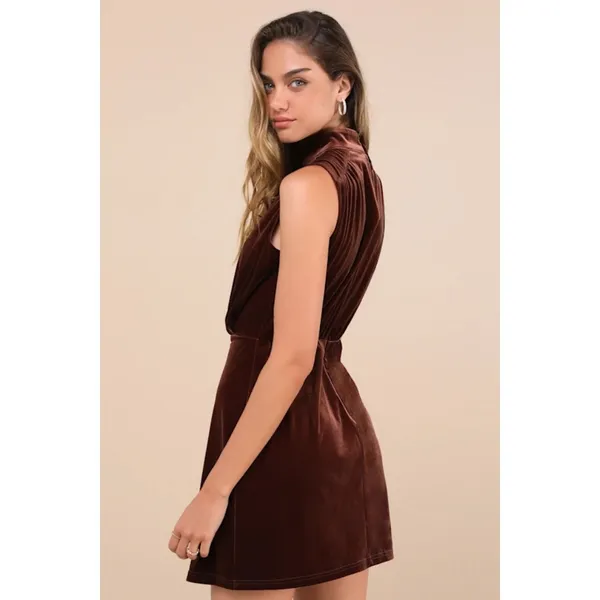 NWT Lulus Gorgeous Darling Brown Velvet Sleeveless Mock Neck Dress Party Sz S - Image 3