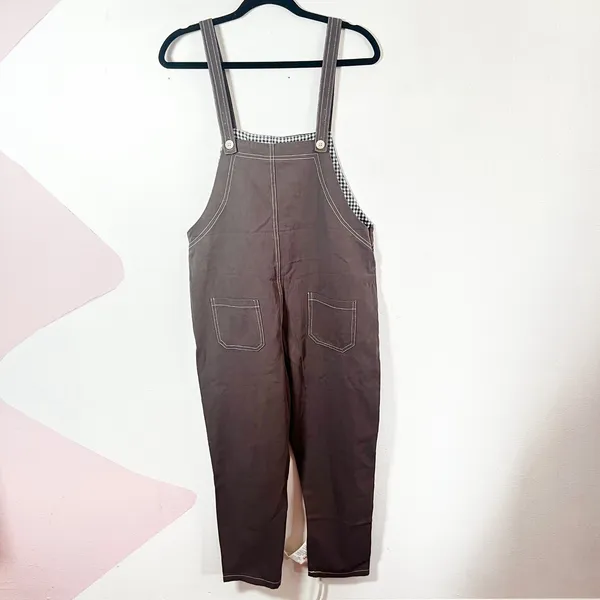 Gray Contrast Stitch Gingham Lined Overalls Size Medium‎ Jumpsuit - Image 2