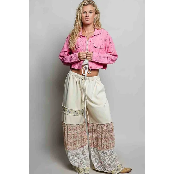 POL Eyelet Textured Cotton‎ Cropped Button-Front Jacket - Candy Pink - Large - Image 5