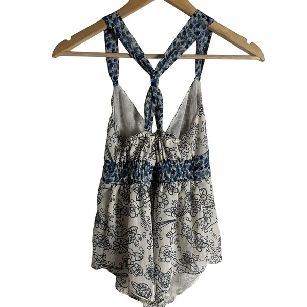 Abercrombie Y2K White Blue Floral Print Twist Back Babydoll Boho Tank Top XS - Image 5