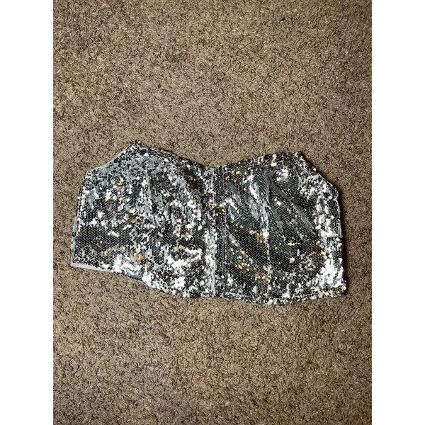 PrettyLittleThing Silver Sequin Corset Top Strapless Hook & Eye Bustier 22‎ New - Image 3