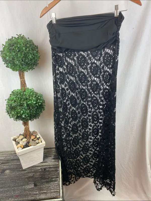 Black Sheer To Waist Maxi Long Lace Skirt M - Image 3