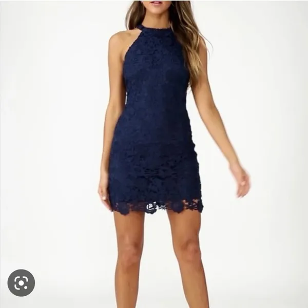 NEW Lulus Love Poem Navy Blue Lace Bodycon Halter Dress - Image 4