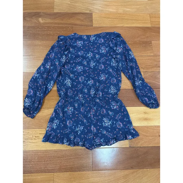 Joie Romper Womens Navy Blue Floral Ruffle Long Sleeve V-Neck Size M - Image 9