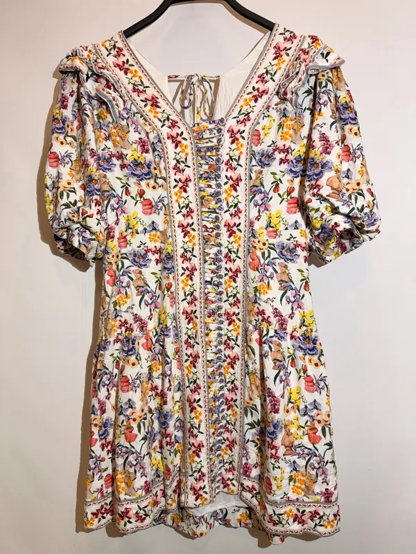 Farm Rio Greek Garden Floral Linen Blend Ruffle Tie Back Mini Dress Size M - Image 2