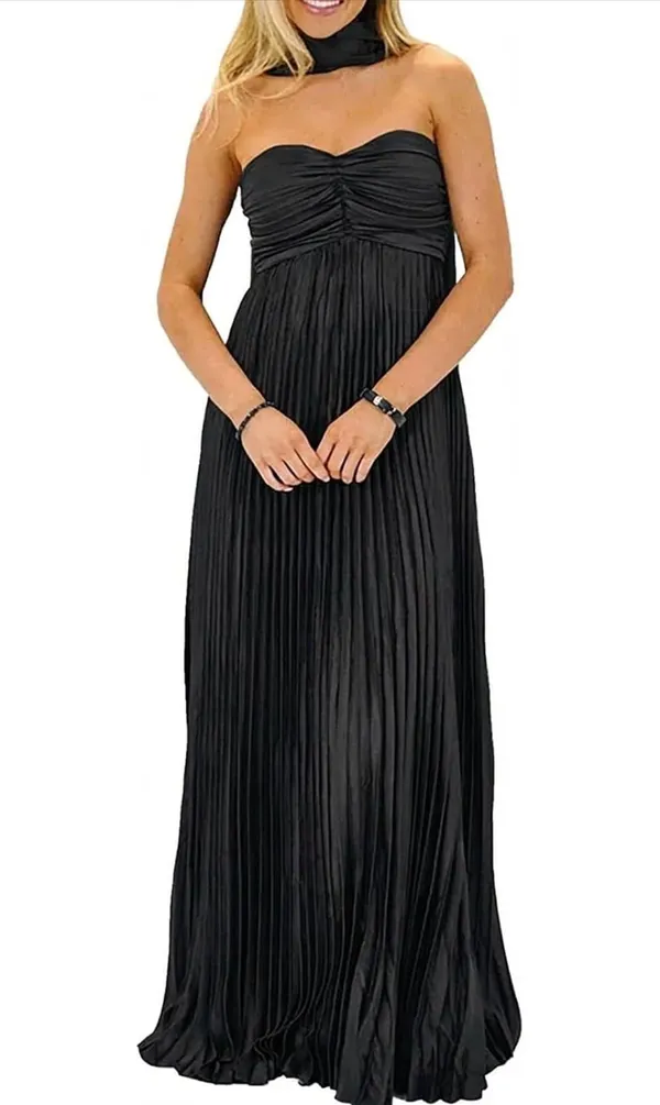 Black Pleated Formal Maxi Dress with Scarf - Image 4