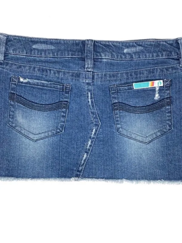 🌸Y2K Hang Ten Blue Distressed Denim Mini Skirt Frayed Hem Logo Button Size 5 - Image 5