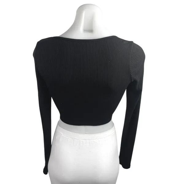 Aritzia Wilfred Black Rib Knit Long Sleeve Button Up Crop Cardigan Sweater Top S - Image 2