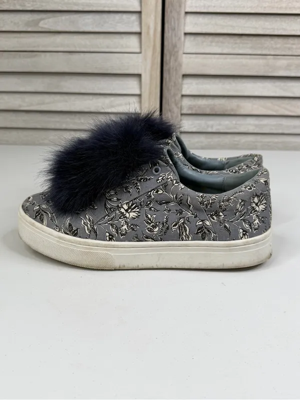 SAM EDELMAN Women's "Leya" Pom Pom Slip On Blue Floral Canvas Sneakers-8 - Image 4