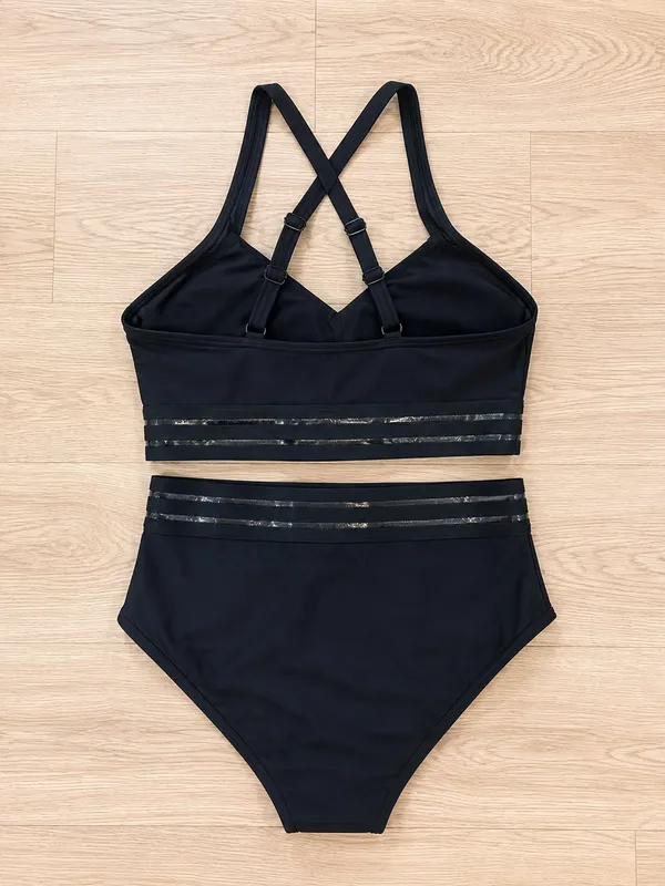 Cupshe Women's Mesh Striped Twisted Cutout Bikini Set High-Waist Black L NWT - Image 2
