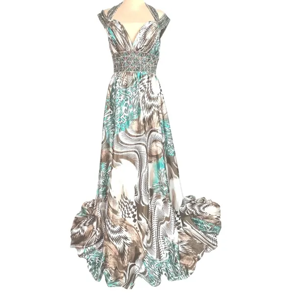 Animal Print Maxi Dress S Beaded Halter Brown Teal Flowy Mobwife Charmeuse - Image 2