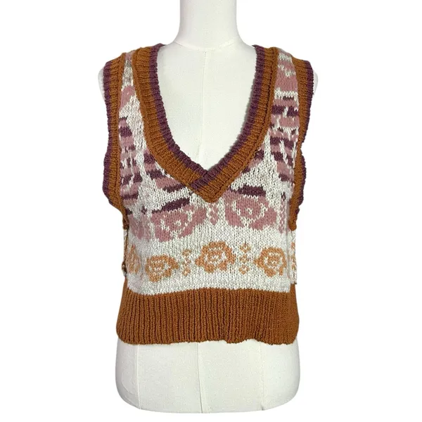 Free People Notes Of Rose Sweater Vest Neutral Combo Small NWT Bohemian Preppy - Image 5