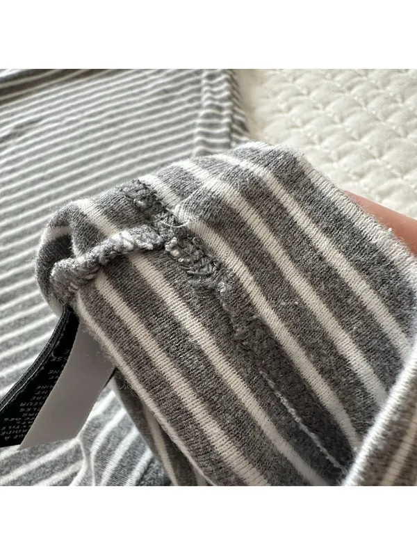 Lauren Ralph Lauren Large L Gray White Striped Long Sleeve T Shirt Brown Patches - Image 8