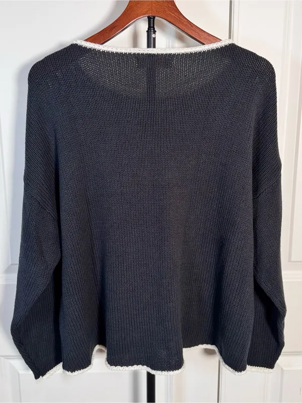 Natural Life Navy Blue Open Knit Sweater M Oversized Boho Crochet Trim Boat Neck - Image 2