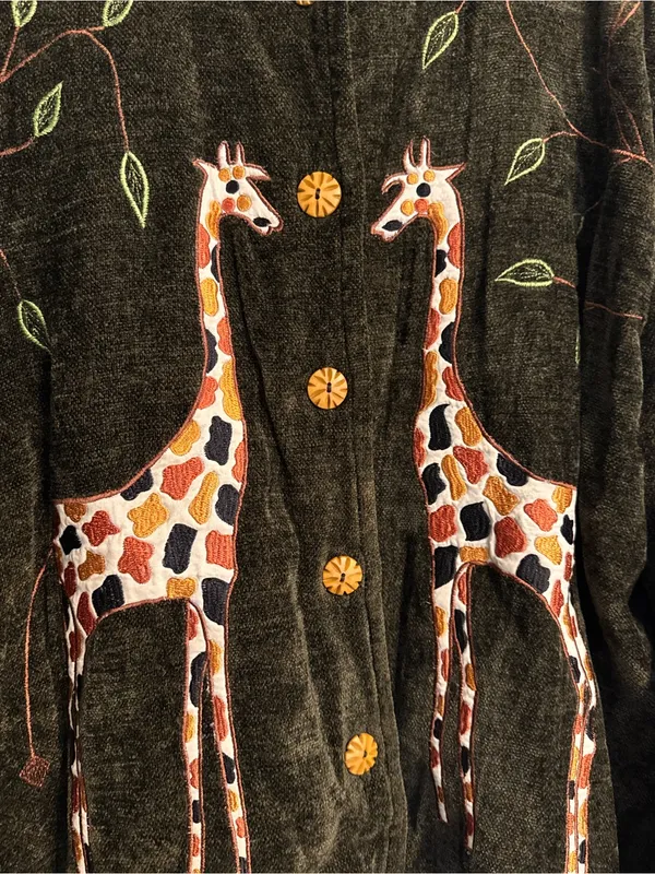 Vintage Daniel K. Deep Green Velvet Embroidered Giraffe Wooden Button Blazer XL - Image 3
