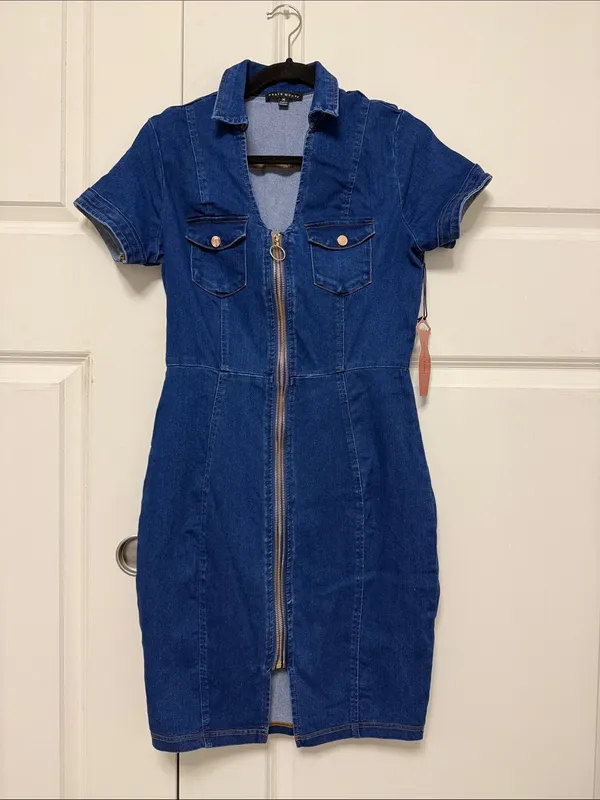 Navy Blue Denim Mini Dress with Front Zip - Image 4
