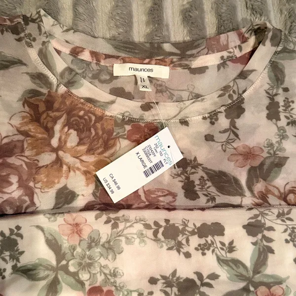 Maurices NWT Women's XL Floral Mesh Ruched Long Sleeve Top Blouse Neutral Pink‎ - Image 4