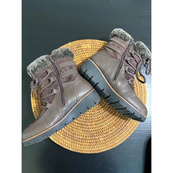 Earth Zurich Basel Brown Leather Faux Fur Trim Lace Up Ankle Boots Java Multi 7M - Image 3