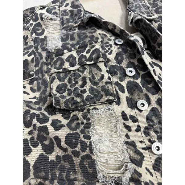 Dance And Marvel Leopard Distressed denim Jacket, Fits Med (D27) - Image 9