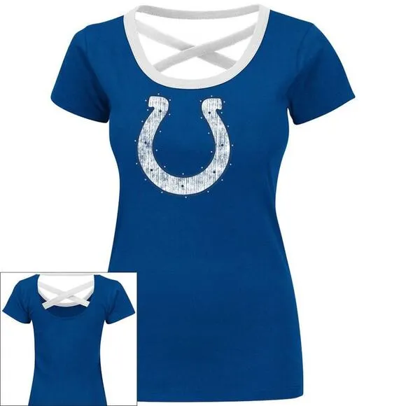 Indianapolis Colts Tee T Shirt Top Bling Cross Back NFL Football Open Back Sz S - Image 2