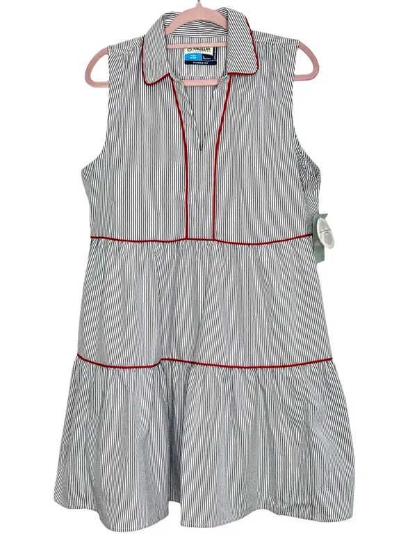 Magellan Outdoors Seersucker Tiered Dress Size L Americana Red Piping Striped - Image 2