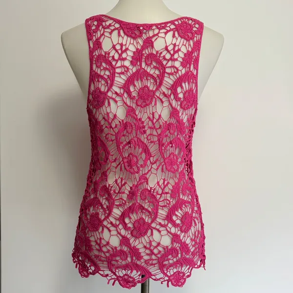 Delia's Crochet Tank Top Large Hot Pink Floral Open Knit Sleeveless Boho - Image 5