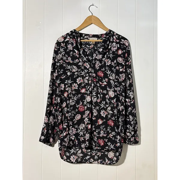 LOFT Blouse Large Black Floral Button Front Rayon Lightweight Womens - Image 2
