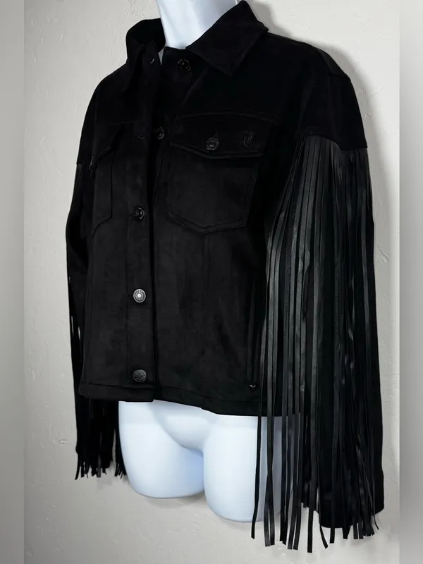 Juicy Couture Black Faux Suede Fringe Trucker Jacket Size Medium - Image 9