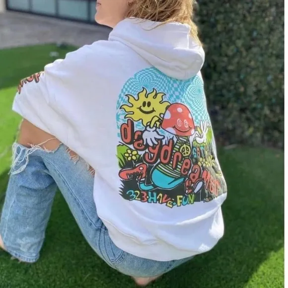 Daydreamer Size XS Oversized‎ Mushroom Doodle Hoodie Sweatshirt White Hippie - Image 2