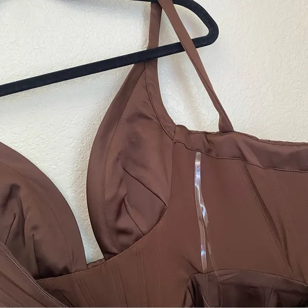 House of CB Faye Satin Pleated Midi Dress Size XS brown‎ $269 NWOT - Image 12