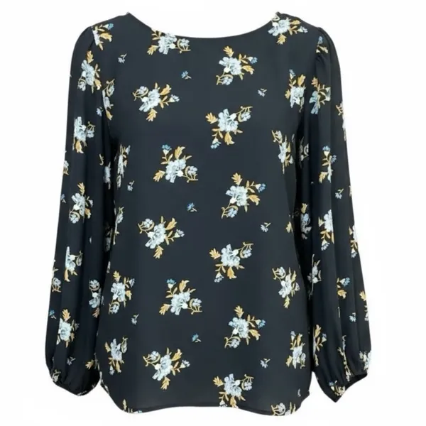 Loft Women's Size L Blouse Top Long Sleeve Blue Floral Polyester Crew Neck - Image 2
