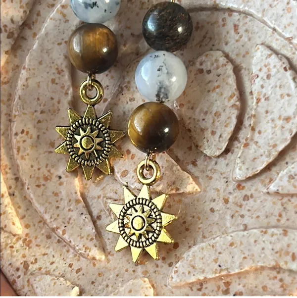 Handmade Bronzite + Chrysoprase + Tigers Eye Sun Charm Earrings - Image 3