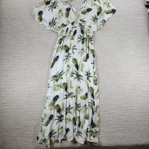 Blue Island Tropical Maxi Dress Sz L Pineapple Palm Print Rayon Tiered Open Back - Image 9