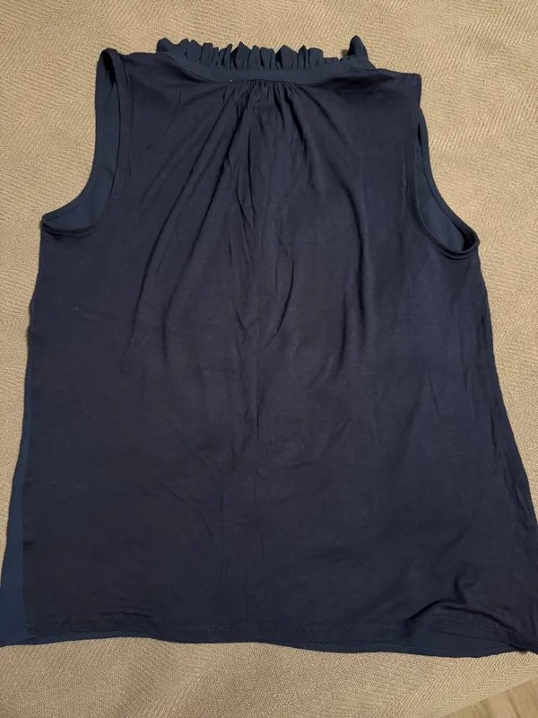 Loft Ruffle Neck Mixed Media Blue Blouse in Small - Image 5