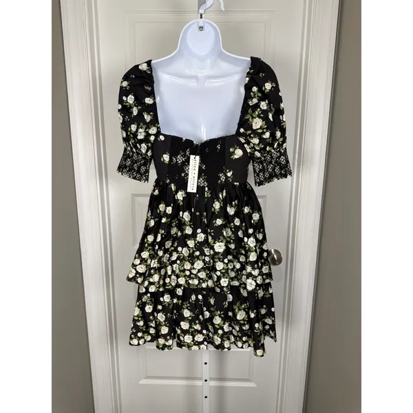 Alice +‎ Olivia Songbird Black Floral Puff Sleeve Dress 2 NWT Coquette Romantic - Image 4