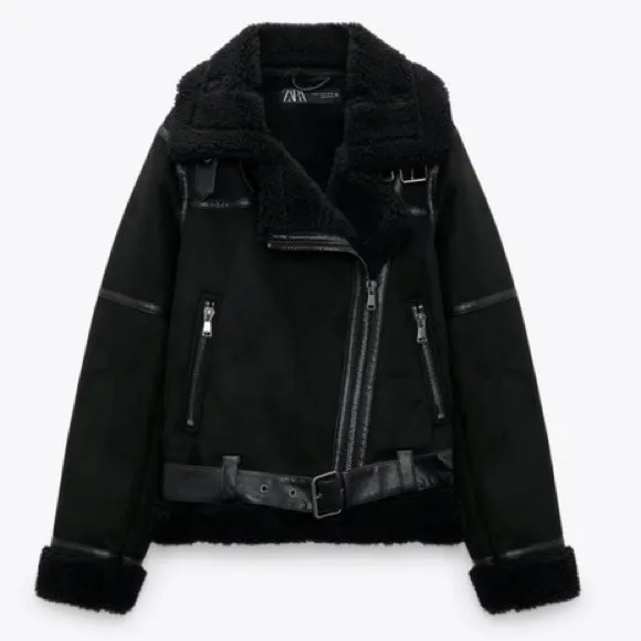 ZARA Women's Double Sided Jacket Faux Suede Shearling Moto Aviator Size Medium‎ - Image 11