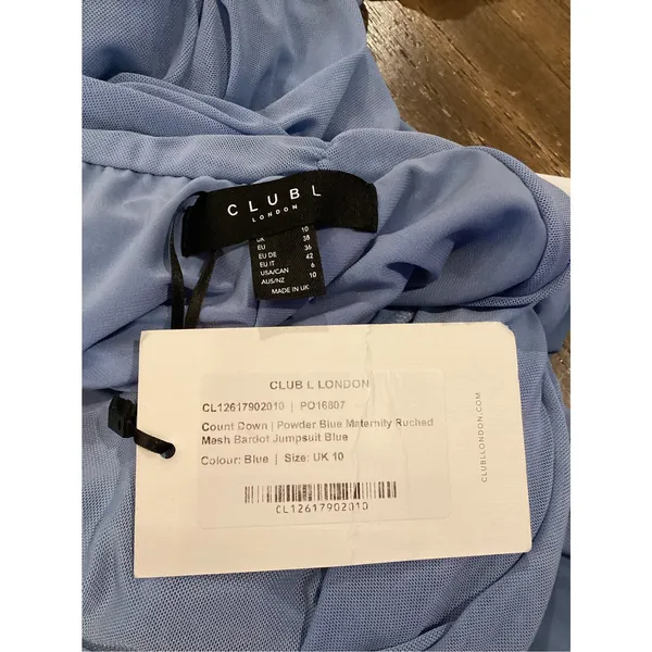 Club L London COUNT DOWN Powder Blue Maternity Ruched Mesh Bardot Jumpsuit 6 NWT - Image 2