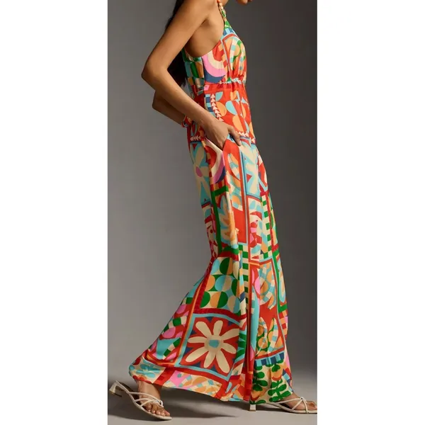 Farm Rio Anthropologie Cutout Halter Jumpsuit Med Brazilian Tropical Bold Print - Image 4