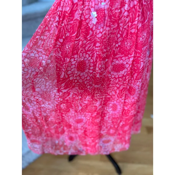NWT WDNY Silk Hot Pink Ruched Floral Strapless Sequin Midi Tea Dress - Image 6
