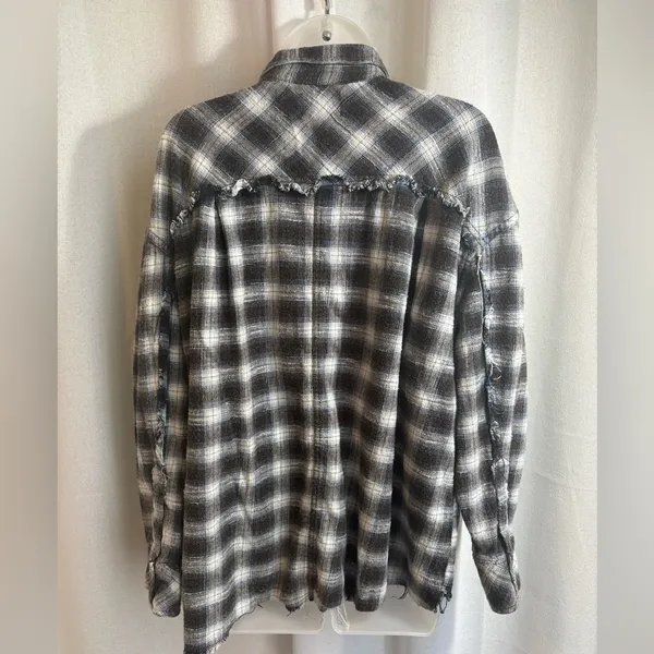 BDG‎ Urban Outfitters Navy Plaid Hi-Low Flannel Shirt Frayed Grunge Size 0439 - Image 6