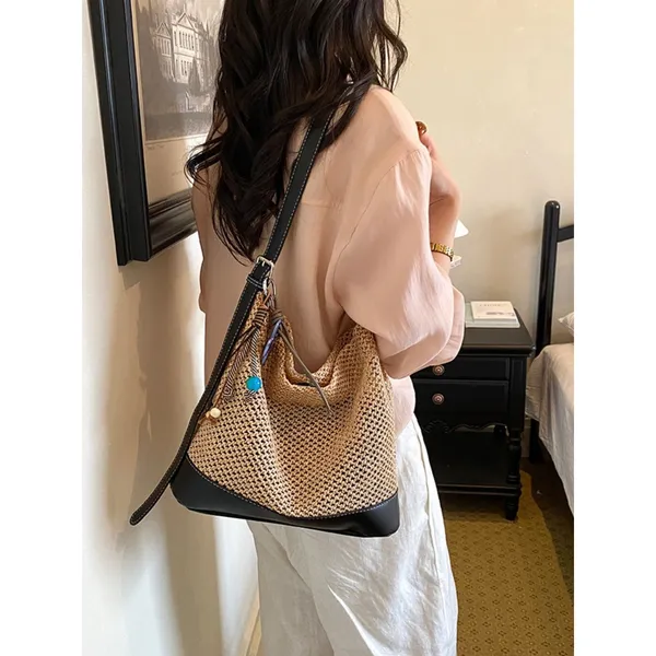 Chic Carryalls Leather Trim Woven Shoulder Bag - Image 7