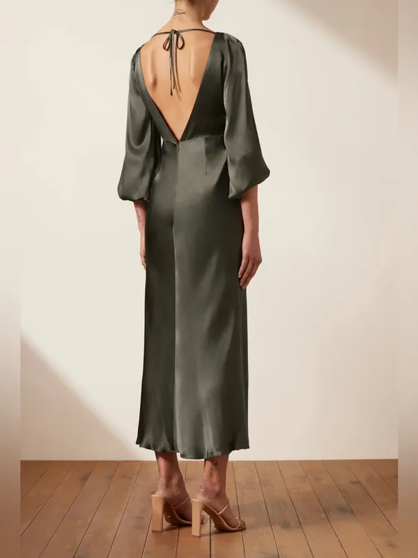Shona Joy La Lune Balloon Sleeve Backless Midi Dress Slit Olive Green Size 4 - Image 2