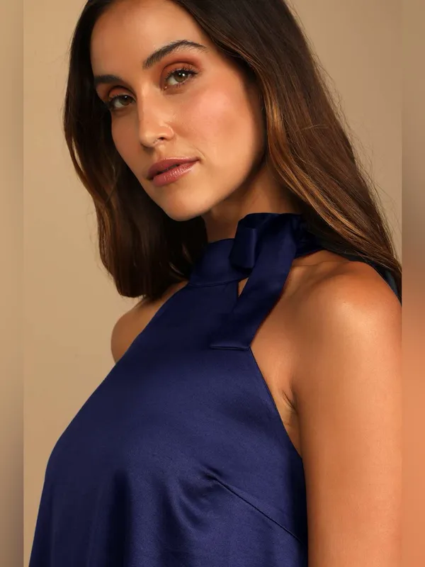 Lulus Headed Out Tonight Navy Blue Satin Halter Swing Dress Size Medium NWT - Image 5