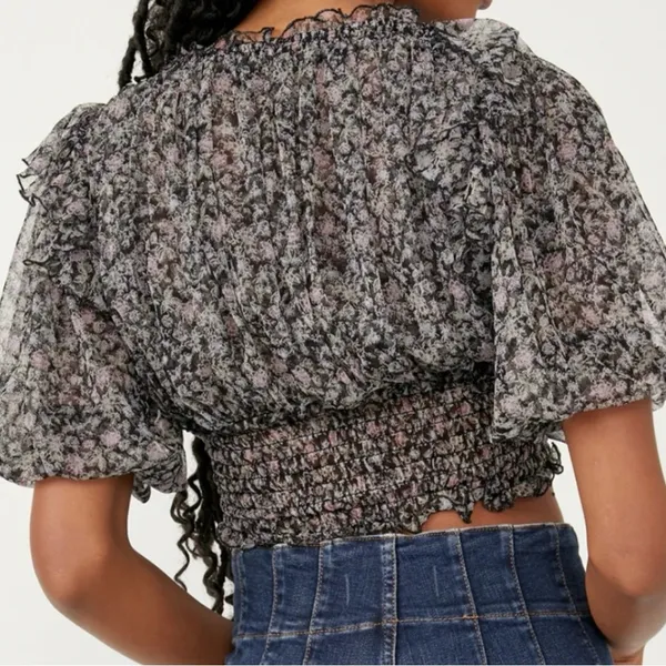 Free People Beatrice Mesh Blouse Top Floral Printed Ruffle Smocked Sz L - Image 2