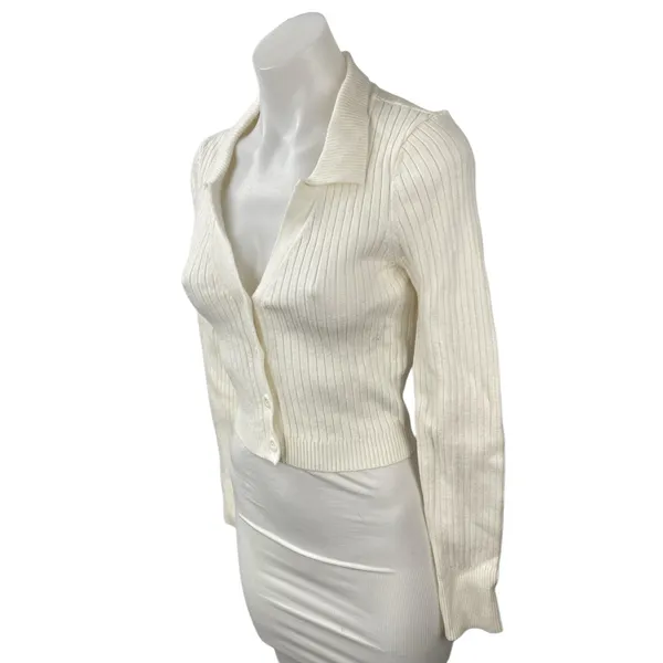 Emory Park Women's Cream Ivory Ribbed Knit Cropped Button Up Cardigan Top Size M - Image 4