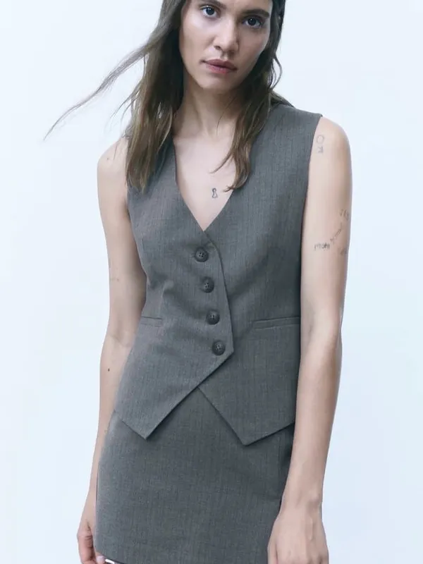 Zara Gray Pinstripe Tailored Asymmetrical Vest Sz L Quiet Luxury Old Money Core - Image 2