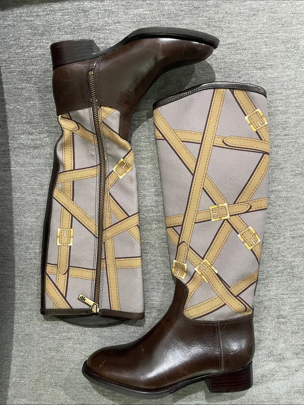 Tory Burch FELIX Riding Boots Brown Leather Equestrian Print Fabric Zip Size 5 - Image 8