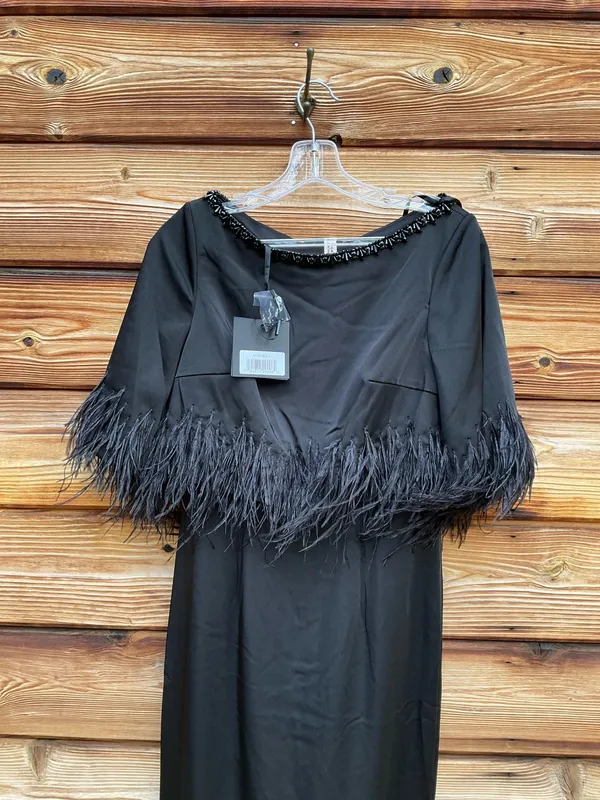 Mac Duggal Black Size 4 Feather Trim 1/4 Sleeve Long Column Gown Dress - Image 6