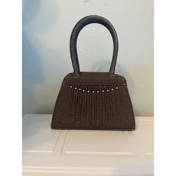 Retro y2k Brown Shimmer Pleated Faux Pearl Top Handle Evening Bag boho whimsi da - Image 2