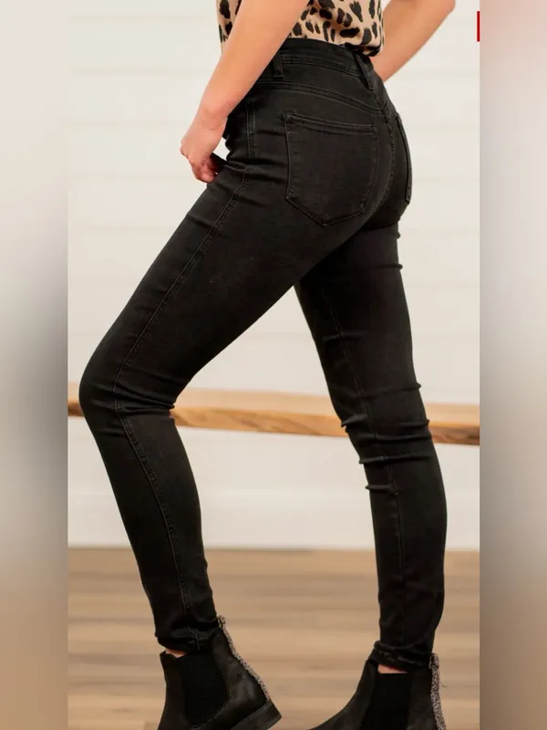 High-Rise Black Skinny Jeans with Button-Up Flyw - Image 2